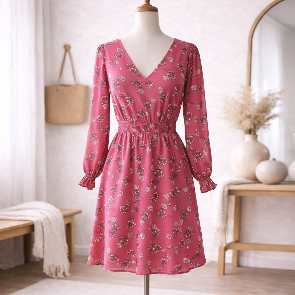 LOFT Outlet Floral Long Sleeve V-neck Dress Pink XSP